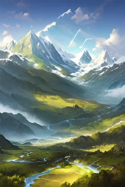 A poster-style depiction of mountains, aspect ratio 32:9, resolution 3600x1080