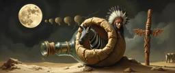 master oil painting by Rembrandt, clay moon chill hyper bigger than life close up on a zebra dream trickster golem peeking out of a sand twister whirlwind cocoon, all inside a bottle, and a big indian with mohawk and a totem