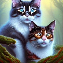 close up on two cats in magical forest, fantasy book cover art