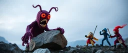 horrible space mother Ghoul monster masked as a rock, scaring the knitted heroes