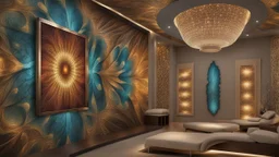 a big stunning fractal illustration with stepwise metalic colors on the wall in the luxury spa, hyperdetailed , natur lighting, intricate detailed, high focus, cinematic, stunning, photorealistic