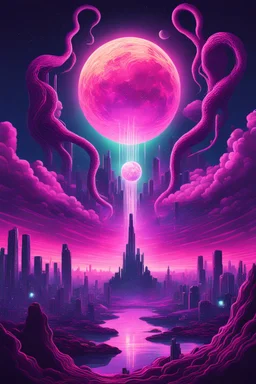 A surreal synthwave landscape featuring a towering cosmic entity with tentacles reaching towards a neon-lit city, under a sky filled with glitching stars, a distorted moon, and dark, swirling cosmic anomalies.