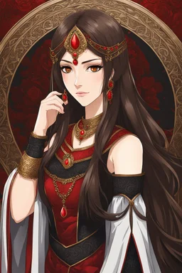 woman with long brown hair and red eyes, medieval concubine, anime style, highly detailed, intricate background, red and black clothes, confident, arrogant