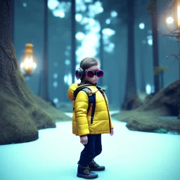 Monkey toddler, steampunk headphone, sunglass, gangsta neckless, full body, yellow puffer jacket, tokio background, dramatic lighting, hyper realistic, unreal engine 5, 16k