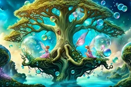 story book stunning fantasy picture of ancient Tree Ent, little Fairies around floating, shiny bubbles, nice european pale colors fairies, detalied, masterpiece,random background , epic, fantasy style, movie characters, fantasy atmosphere