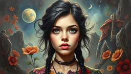 beautiful girl ,mugshot, Planet of the Vulcans, multicolored, large, floral designs, atmospheric, beautiful, oil painting by Frank Frazetta, 4k UHD, Photorealistic, professional quality