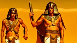 Pharaoh soldiers tear open leather bags with knives and take them out