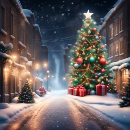 Hyper Realistic Christmas Celebrations In A Street at Snowfall Night with a Big Christmas Tree & garland Lights