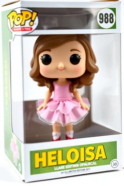 Funko figure of a very young female, smiling, long wavy soft brown hair, wearing a ballerina dress, pink dress, ballet, very cute, ballet pose,. The Funko is displayed inside and outside a limited edition green and yellow Funko box with "HELOISA" text, allowing visibility of the figure, typography, 3D render. White background
