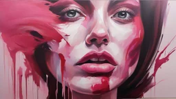 Hyper Realistic acrylic-abstract-painting-of-half-faced-empowered-woman with pink-&-maroon-brush-strokes background.