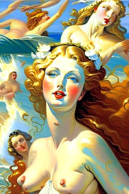 a striking painting of the birth of Venus, as she arrives on the shore, on the shore there are modern life ladies with facelifts, Botox lips, too much makeup, fake beauty , they look at her jealously as their fake beauty cannot overshadow the natural beauty of Venus