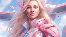 Wide shot of a beautiful blond commander smiling girl with long hair, white and pink and blue crystalline clothes, luminous, high detail, realistic photo, digital painting, cinematic, stunning, hyper-realistic, sharp focus, high resolution 8k, insanely detailed, rossdraws style