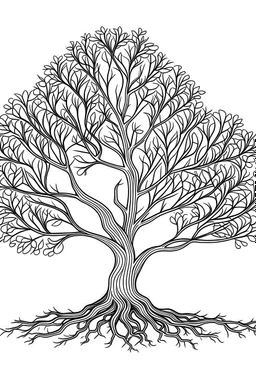 Outline art for coloring page with cute tree, roots and branches, white background, sketch style, only use outline, clean line art, white background, no shadows, clear outline
