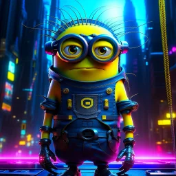 "Generate an edgy and inventive artwork reimagining the 'Minions' from 'Despicable Me' as tech-savvy hackers. Infuse them with a cyberpunk aesthetic, outfitting them with futuristic attire and high-tech gadgets. Place them in a neon-lit, bustling metropolis filled with digital interfaces and holographic displays. Convey a sense of unity and purpose as they work together in this cybernetic world, showcasing their newfound proficiency in hacking and digital mischief." add a big menonite beard