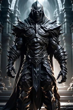 a large stone man of the darkest obsidian stands is a darkened forest. The obsidian man's face is featureless and his body rough with jutting obsidian shards. His form is entirely of stone, with not a piece of cloth upon his body.