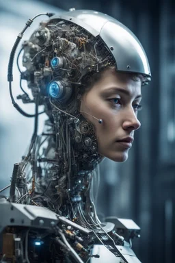 Cybernetic engineer conceiving and constructing fantastical cybernetic creations that redefine the laws of nature, portrait shot