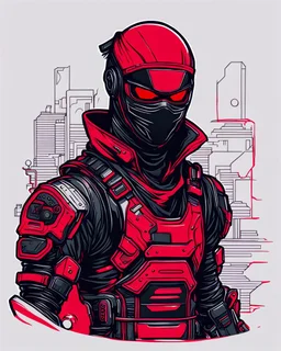 dibujo de contorno de un Ninja negro y rojo con traje cyberpunk