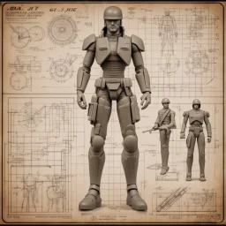 Plastic action figure of G.I. Joe technical schematic, pivot joint, rotational arrows, by Da Vinci, technical graph paper engineering schemata,