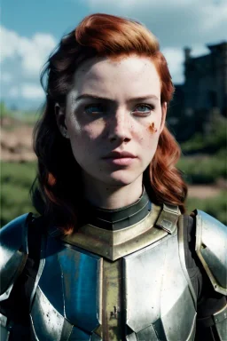 ultrarealistic, ruined city,__Rifts armor__, __angles__, 19 year old woman, strikingly beautiful, ginger hair, silver colour, [__starlets__|__starlets__], (pale __skincolor__ skin:1.2), __camera__, _hair_, detailed face and eyes, medium breasts, leather choker, freckles, dynamic pose, resolved expression, __accessory__, strappy outfit, (straps:1.1), sword in scabard on left hip, (buckles, buttons, snaps, rings:1.0), haltertop style breastplate, detailed eyes, plump lips, sci-fi theme