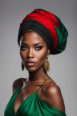 Long shot, beautiful african american woman in headwrap, she is wearing a beautiful (((red, black:1.5, green gown))) in the style of Artgerm and Stefan Kostic, Greg rutkowski, sharp focus, pretty eyes, studio lighting