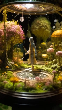 diorama del rey del tiempo caminando por el jardin del eden, el primer amanecer del universo, primeras flroes, primeras gotas de rocio, el aire es esperanza