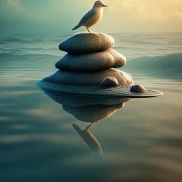 beach, stone sculpture and bird, water, reflection, movie poster, fantasy art, misty