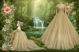 A beautiful fairytale magical composition of a rainforest with a waterfall, a masterpiece, patchwork-like, made of different materials: tulle embroidered with precious stones, lace and real pearls, silk, velvet, burlap, faux fur with leopard print. Unicorn, flowers