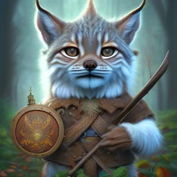 upper body of cute tall lynx wizard with big eyes holding dwarf miner gear , wood and rope bridge in magical forest, spray painting, autumn foliage frame,dark fantasy art , sun,magic wand, Realistic photography, incredibly detailed, ultra high resolution, 8k, complex 3d render, cinema 4d, color corrected