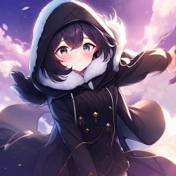 floating in air, backflip,{{anime}}, detailed beautiful short hair,{{fluffy hair}}, delicate and intricate hair, black loose raincoat with hood, purple and black eyes, blush, beautiful detailed eyes, {beautiful face}, cinematic light,{masterpiece}, beauiful illustration, offical art, upanime