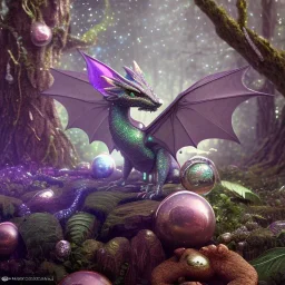 cute, adorable baby dragon made of crystals and gems, glittery scales, iridescent wings, sitting on forest floor, muted rainbow colors, intricate, fine detail, 8k, sharp, crisp, high-quality, 4k , octane render, detailed matte, volumetric lighting, brian froud, howard lyon, anne stokes, lisa parker, selina french, greg rutowski