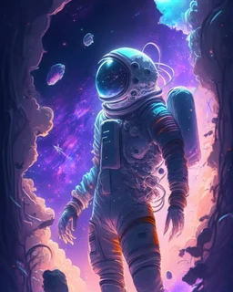 An astronaut lost in the galaxy whose soul is pulled from his body by the god of the galaxy in exchange for seeing his love one last time, digital art, anime, 4k, high resolution. full detail.cartoon