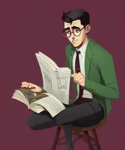 Fit man in round glasses with bookshelf in background,no beard, reading book, slim, tie, monotone, green eyes, comic book style, two tone colours, detailed, ink, realistic, handsome, square jaw, big brows, no jacket, bird on the shoulder, spotlight