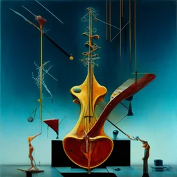 Abstract painting formed by a mix of human flesh-like surgical instruments and universe-like musical instruments,neuralink,minimalism,Painting By Adrian Ghenie, Rene Magritte, Salvador Dali, Lucian Freud