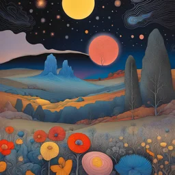 Colourful, peaceful, Max Ernst, night sky filled with galaxies and stars, rock formations, trees, flowers, one-line drawing, sharp focus, 8k, deep 3d field, intricate, ornate, hypermaximalist