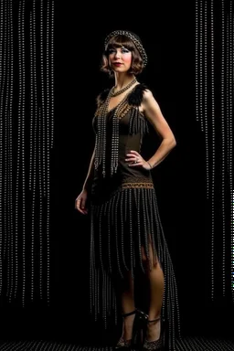 Full Body, burlesque Woman looking to the right, With A Bob With A Fringe Hairstyle, flapper Clothing, Steampunk