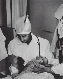 image of two doctors in a hospital surgical theatre holding a newborn baby