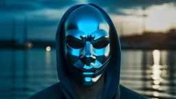 generate a photo of anonymous mask 4k bright on a sea with reflection