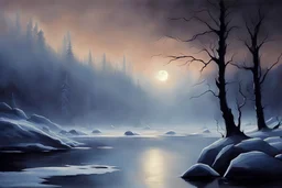 night, rocks, ice, winter, mist 2000's sci fi movies influence, lake, very easy landscape, friedrich eckenfelder impressionism paintings