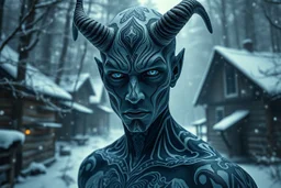 holographic simulation, beautiful xenobiotic alien man demon, scandinavian black tattoo on the body, super detailed face, blue eyes, against the backdrop of old dzherevyanny houses in the winter forest, falling snow in winter, professional photo, 4k, high resolution, high detail, close-up, octane, body art, patterns, lavender color, silver wire, artistic elven fantasy, filigree, dark botany, ultra detail, dark botany, photorealistic image