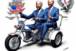 true-to-life pencil and color marker portrait of realistic joe biden riding a tricycle, with an extra set of carrying wheels and rollcage for safety, by kim jung gi