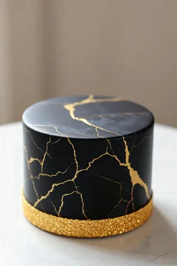 Ultra-realistic petite single-tier cake for 4 (short, squat, only 2–3 inches tall). Round. Smooth black fondant with elegant gold marble veining, evenly distributed like polished marble tile (natural, medium veins, not dense, not patchy, no large bare areas). Bottom edge has a thin 1 cm rim of sparkling gold foil flakes (shimmering, textured, light-catching). Modern, classy, no topper. Side + angled top view. Neutral lighting.