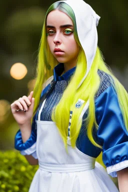 Billie Eilish, Maid Costume, high detail, realistic, 8k, not to be distinguished from a photo, identical pupils