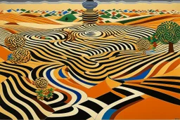 A tan desert with a twister designed in Chinese paper art painted by Victor Vasarely