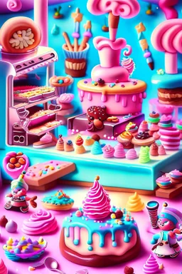 surrealistic image of toys baking and decorating delicious treats in a toy-sized bakery. You can have toy chefs decorating cupcakes, rolling out dough for cookies, and frosting cakes. Surround them with an assortment of mouth-watering pastries and candies.