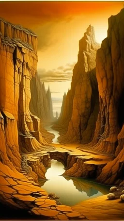 A brown canyon with an underground mine designed in ancient Greek pottery painted by Salvador Dali