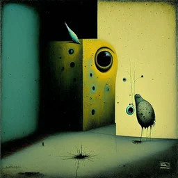 Style by Pawel Kuczynski and Ray Johnson and Graham Sutherland and Phlegm, surreal abstract art, nightmare residues, unnatural shy anthropomorphic weirdling, unsettling, asymmetric abstractions, juxtaposition of the uncanny and banal, diagonal composition, sharp focus, never seen before