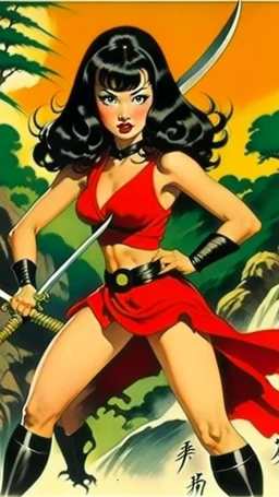 Betty Page art from japanese style 1900 movie. Ninjas james bond