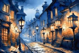 Prompt: a lantern glowing softly on a cobblestone street, mist swirling, with old Victorian houses lining the path, watercolor, mysterious, nocturnal