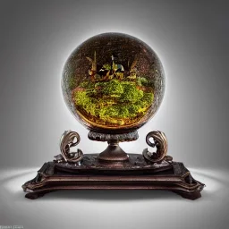 large, ornate, fog-filled crystal ball on bronze stand on embroidered red tablecloth, flickering light, 8k resolution, high-quality, fine-detail, intricate, digital art, detailed matte, volumetric lighting, illustration, octane render, George Grie, Ben Goossens, Igor Morski, brian froud, howard lyon, selina french, anna dittmann