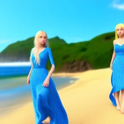 Beautiful full body woman blue eyes long blond hair in an hippy blue flower dress on a beach, unreal engine, 4k